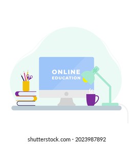 Online education concept. Desktop computer, lamp, books, coffee cup and supplies office on desk. Back to school. Vector illustration, flat design