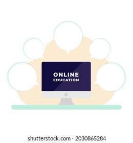 Online education concept. Desktop computer surrounded by speech bubbles on desk. Back to school. Vector illustration, flat design