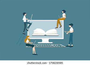 Online education concept. Device screen ,book and people using computer.