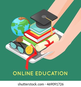 Online Education Concept with Digital Tablet and School Books. Vector illustration