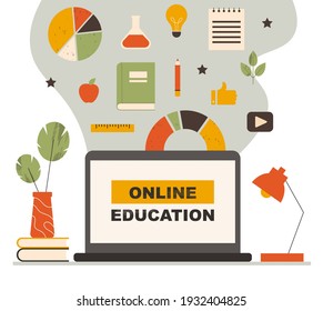 Online education concept. Distance learning, homeschooling, studying at home. Laptop screen showing elearning platform. Online chemistry, geometry or biology class. Trendy flat vector illustration