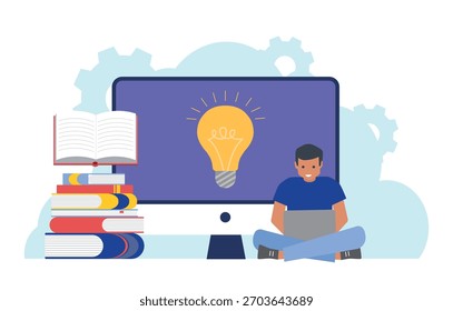 Concepto de educación en línea aprendizaje a distancia, hombre trabajando en la computadora portátil