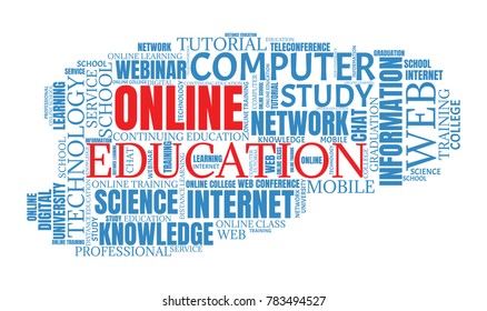 Online education concept. Distance learning word cloud collage. E-learning illustration