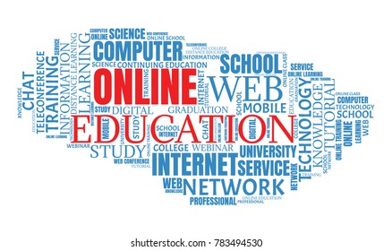 Online education concept. Distance learning word cloud collage. E-learning illustration
