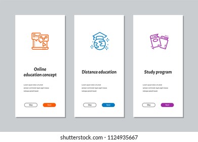Online education concept, Distance education, Study program onboarding screens with strong metaphors