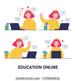 Online education concept. Distance study at school. Vector cartoon illustration of girl, studying by online learning with laptop. 