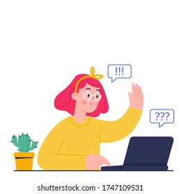 Online education concept. Distance study at school. Vector cartoon illustration of girl, studying by online learning with laptop. 