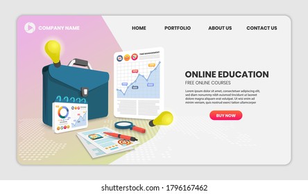 concepto de educación en línea con ilustración vectorial 3d de documentos y de maletín.