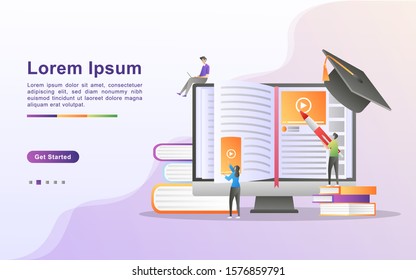 Online education concept. E Learning and online course, Online training courses, internet studying, university studies. Can use for web landing page, banner, mobile app. Vector illustration