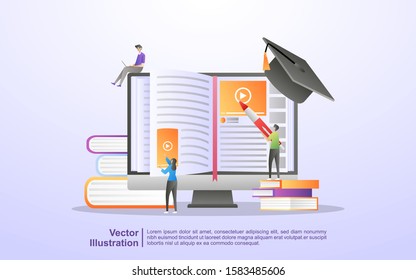 Online education concept. E Learning and online course, Online training courses, internet studying, university studies. Can use for web landing page, banner, mobile app. Vector illustration