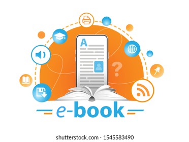 Online education concept. E-book reader and books. Vector illustration