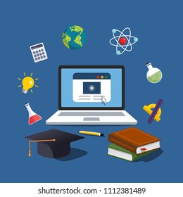 Online education concept. E-books, internet courses and graduation process. Laptop with website on the screen in the center illustration. Vector illustration in flat style.