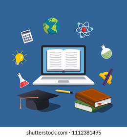 Online education concept. E-books, internet courses and graduation process. Laptop with a book on the screen in the center illustration. Vector illustration in flat style.