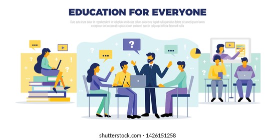 Online education concept with educarion for everyone symbols flat vector illustration