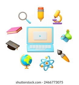 Online education concept. E-learning design with computer and symbols of sciences