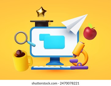 Online education concept. E-learning design with computer and symbols of study