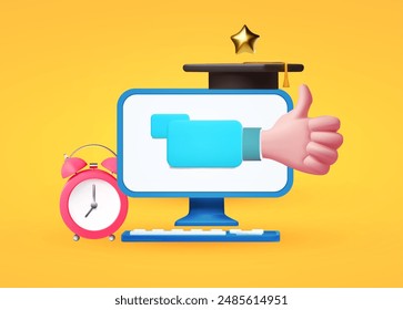 Online education concept. E-learning design with computer, alarm clock and graduate hat