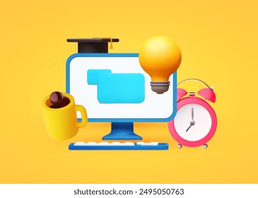 Online education concept. E-learning design with computer and symbols of study