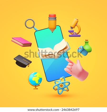 Online education concept. E-learning design with smartphone and symbols of sciences