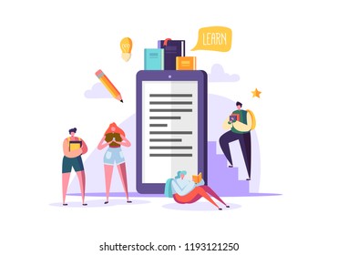 Online Education Concept. E-Learning with Flat People Reading Books. Graduation University College Characters. Teaching Course Seminar Students. Vector illustration