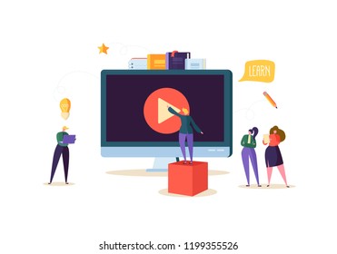 Online Education Concept. E-Learning with Flat People Watching Streaming Video Course on Computer. Graduation University College Students Characters. Vector illustration