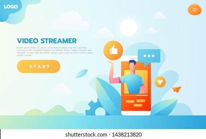 Online Education Concept. E-Learning with Flat People doing Streaming Video Course on Computer.