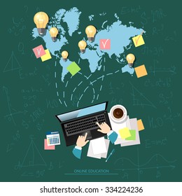 Online education concept e-learning global distance education and graduation vector illustration  