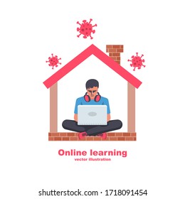 Online education concept. E-learning home. Student at a laptop study at home in quarantine covid-19. Coronavirus behind the house. Landing page vector illustration. Flat design.