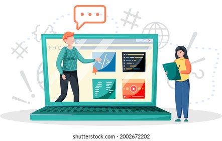 Online education concept. E-learning, home schooling. Student works on laptop studying lessons remotely, receive knowledge. Web courses or tutorials. Education platform modern digital technologies