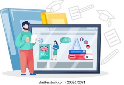 Online education concept. E-learning, home schooling. Man student working on laptop. Teacher leads lesson on display. Web courses or tutorials concept. Education platform modern digital technologies