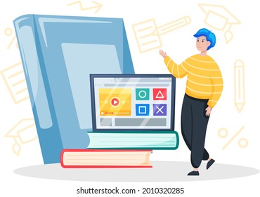 Concepto de educación en línea. Aprendizaje electrónico, educación en casa. Hombre estudiante trabajando en laptop estudiando lecciones a distancia. Concepto de cursos o tutoriales web. Plataforma educativa de tecnologías digitales modernas