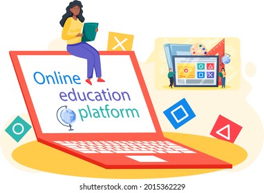 Online education concept. E-learning, home schooling. Woman student working on laptop, learns remotely independently. Web courses or tutorials. Education platform modern digital technologies