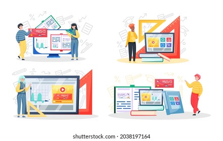 Online education concept. E-learning, home schooling. Man student working on laptop. Teacher leads lesson on display. Web courses or tutorials concept. Education platform modern digital technologies