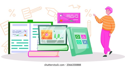 Online education concept. E-learning, home schooling. Man student working on laptop. Teacher leads lesson on display. Web courses or tutorials concept. Education platform modern digital technologies