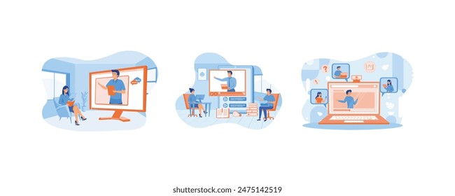 Online education concept. Online education and E-learning at home by webinar training and design for Webinar. Smiling people using headphones for a video call. Set flat vector modern illustration