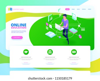 Online education concept. E-learning internet study. Isometric vector illustration