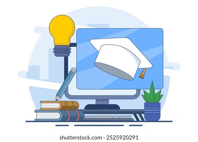 Online education concept. e-learning, internet courses, applied learning, university studies, classroom, tutorials, library on computer. Flat vector illustration on background.