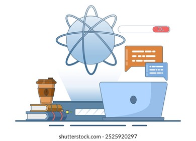 Online education concept. e-learning, internet courses, applied learning, university studies, classroom, tutorials, library on computer. Flat vector illustration on background.