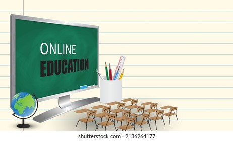 Online education concept. E-learning on computer with screen chalkboard. Lecture online by application or website. Classroom online. Social distancing concept.
