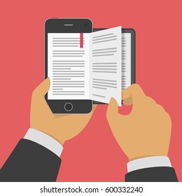 Online education concept. Electronic or digital book concept. Man reading E-book on smart phone. Vector illustration in flat style. EPS 10. 