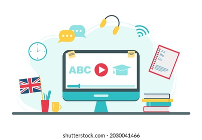 Online Education Concept. English School Subject Online Education Service Or Platform. Vector Illustration In Flat Style