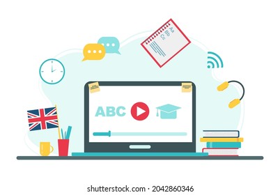 Online Education Concept. English School Subject Online Education Service Or Platform. Vector Illustration In Flat Style