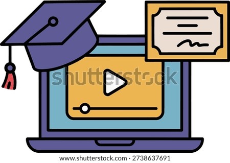 Online education concept featuring a laptop with a video lesson, graduation cap, and diploma, symbolizing remote learning, e-learning, and academic achievement.