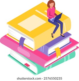 Online education concept featuring a student working on her laptop while sitting atop a stack of colorful books, showcasing a modern approach to learning and knowledge acquisition