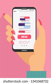 Online education concept. Female hand holding mobile phone with e-book app on screen. Stack of books on smartphone screen. Online reading and E-book.Distant e-learning.Flat cartoon vector illustration