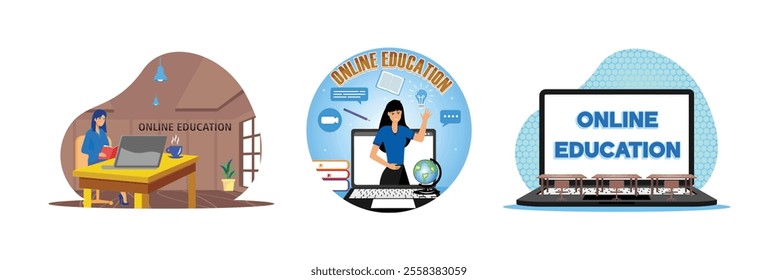 Online Education Concept. Female teacher in classroom on laptop screen. Virtual Learning. Set flat vector modern illustration 