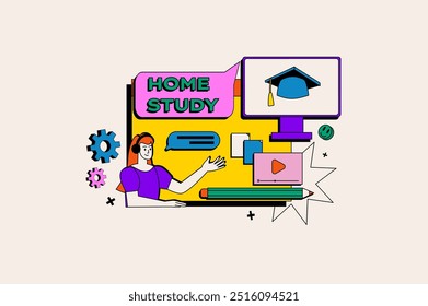 Online education concept in the flat cartoon style. An illustration showing a woman, books and various tools, emphasizing the importance of online learning. Vector illustration.