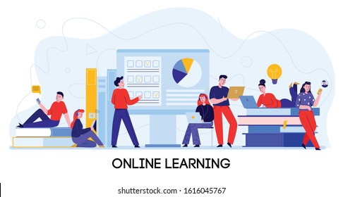 Online education concept flat composition banner with audio video courses cloud library access e-learning symbols vector illustration 