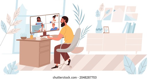 Online education concept in flat design. Man is watching webinar from computer at home. Teacher conducts video conference lesson for students. Distance learning people scene. Vector illustration