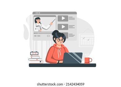 Online education concept in flat design. Student studying remotely and listening to teacher video lecture. Woman is watching webinar using laptop. Vector illustration with people scene for web